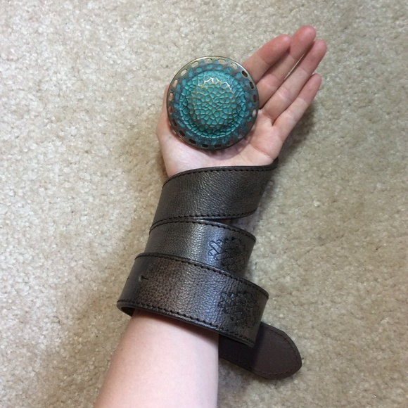 Cole Haan Textured Brown Belt with Teal Buckle - Picture 3 of 4